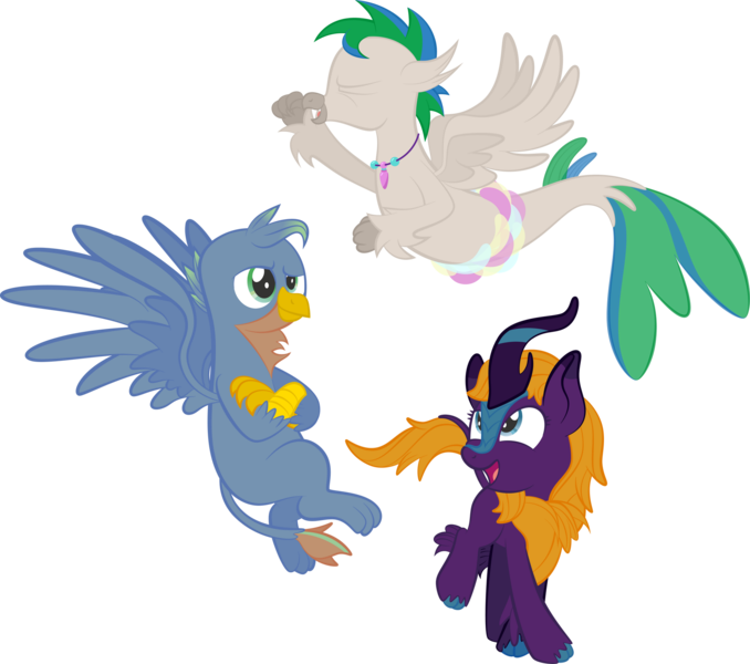 Size: 1920x1699 | Tagged: safe, artist:alexdti, derpibooru import, oc, oc:brainstorm (alexdti), oc:purple creativity, oc:star logic, gryphon, hippogriff, kirin, seapony (g4), eyes closed, griffonized, hippogriffied, image, kirinified, open mouth, open smile, png, seaponified, simple background, smiling, species swap, transformation, transparent background