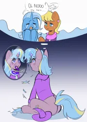 Size: 2092x2929 | Tagged: safe, artist:pledus, author:bigonionbean, derpibooru import, ms. harshwhinny, trixie, oc, oc:strict talent, earth pony, pony, unicorn, blushing, clipping, clothes, commissioner:bigonionbean, crying, cutie mark, dialogue, female, fusion, fusion:strict talent, hat, horn, image, magic, magician outfit, mare, mirror, png, sad, scissors, shirt, shocked, sitting, thought bubble