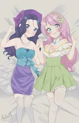 Size: 8533x13133 | Tagged: safe, artist:adrimikurg, derpibooru import, fluttershy, rarity, human, alternate hairstyle, bed, blushing, breasts, busty fluttershy, choker, clothes, cute, dress, duo, female, flarity, grin, hairband, holding hands, humanized, image, jewelry, jpeg, lesbian, necklace, open mouth, raribetes, shipping, shirt, shyabetes, skirt, smiling, socks, stockings, thigh highs