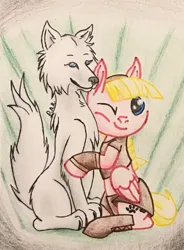 Size: 1422x1927 | Tagged: safe, artist:gracefulart693, derpibooru import, oc, oc:sweetie bloom, unofficial characters only, pegasus, pony, wolf, chest fluff, clothes, duo, female, image, jpeg, mare, one eye closed, pegasus oc, traditional art, wings, wink