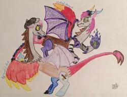 Size: 2044x1564 | Tagged: safe, artist:gracefulart693, derpibooru import, oc, unofficial characters only, draconequus, beret, draconequus oc, duo, hat, horns, image, jpeg, rearing, signature, traditional art, wings