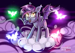 Size: 2800x2000 | Tagged: safe, artist:loverashley, derpibooru import, oc, unofficial characters only, bat, bat pony, pony, bat pony oc, bat wings, cloud, ear fluff, female, image, night, on a cloud, png, smiling, solo, wings
