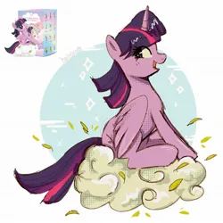 Size: 2048x2048 | Tagged: safe, artist:haibiscuits, derpibooru import, twilight sparkle, twilight sparkle (alicorn), alicorn, pony, cloud, female, image, jpeg, mare, on a cloud, open mouth, open smile, simple background, sitting, sitting on cloud, smiling, solo, toy interpretation, white background