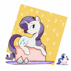 Size: 2048x2048 | Tagged: safe, artist:haibiscuits, derpibooru import, rarity, pony, unicorn, female, head turned, image, jpeg, lying down, mare, passepartout, prone, simple background, solo, toy interpretation, white background