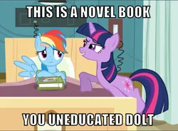 Size: 817x600 | Tagged: safe, derpibooru import, edit, edited screencap, editor:twi clown, screencap, rainbow dash, twilight sparkle, pegasus, pony, unicorn, read it and weep, bed, book, caption, duo, female, image, image macro, mare, png, text, twibitch sparkle, unicorn twilight