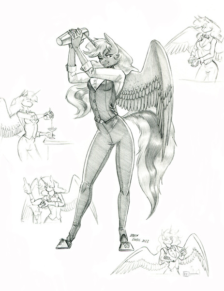 Size: 1000x1295 | Tagged: safe, artist:baron engel, derpibooru import, princess luna, alicorn, anthro, pony, unguligrade anthro, female, image, jpeg, mare, monochrome, pencil drawing, traditional art