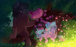 Size: 2700x1676 | Tagged: safe, artist:yuozka, derpibooru import, oc, oc:bay breeze, oc:meteor glow, bat pony, pegasus, pony, basket, book, bow, cherry blossoms, cute, female, flower, flower blossom, hair bow, image, jpeg, lying down, lying in grass, male, mare, petals, reading, sitting in a tree, spring, stallion, surprised, tail, tail bow, tree