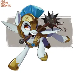 Size: 774x774 | Tagged: safe, artist:cadillac-dynamite, derpibooru import, pegasus, pony, armor, female, guardian angel (g4), guardsmare, image, mare, morning star, mouth hold, png, royal guard, solo, weapon