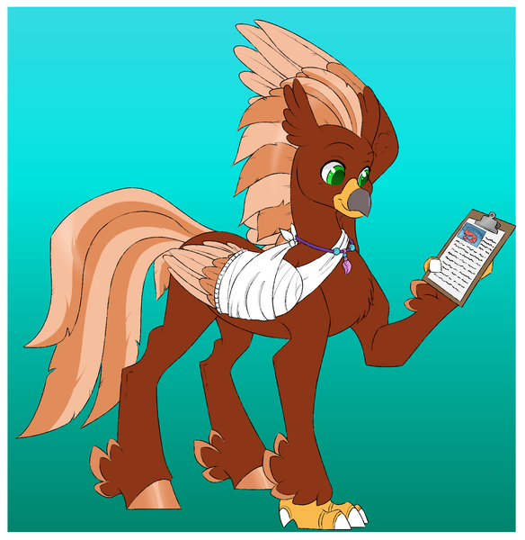 Size: 1850x1900 | Tagged: safe, artist:dozyarts, derpibooru import, oc, oc:pavlos, unofficial characters only, classical hippogriff, hippogriff, bandage, broken wing, cast, claws, clipboard, hippogriff oc, image, injured, png, simple background, sling, solo, wing cast, wing sling, wings