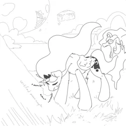 Size: 3508x3508 | Tagged: safe, artist:ponny, derpibooru import, princess celestia, princess luna, alicorn, cheese, chewing, eating, edible heavenly object, eye bulging, food, grass, image, jaw drop, monochrome, moon, night, onomatopoeia, png, shocked, shocked expression, sky, sound effects
