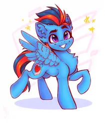 Size: 1600x1900 | Tagged: safe, artist:falafeljake, derpibooru import, oc, oc:andrew swiftwing, unofficial characters only, pegasus, pony, chest fluff, ear fluff, grin, image, jpeg, leg fluff, multicolored hair, multicolored tail, raised hoof, raised leg, signature, smiling, solo, tail