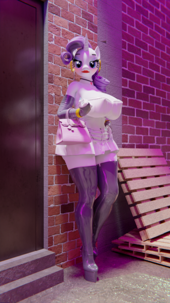 Size: 4320x7680 | Tagged: suggestive, artist:pyp, part of a set, twibooru exclusive, rarity, anthro, plantigrade anthro, unicorn, 3d, absurd file size, absurd resolution, alley, alleyway, belly button, big breasts, blender, blender cycles, blushing, boots, bracelet, breasts, busty rarity, choker, clothes, ear piercing, earring, fingerless gloves, gloves, handbag, hooped earrings, image, jewelry, latex, lipstick, looking at you, nail polish, night, nudity, piercing, png, prostitute, shoes, skirt