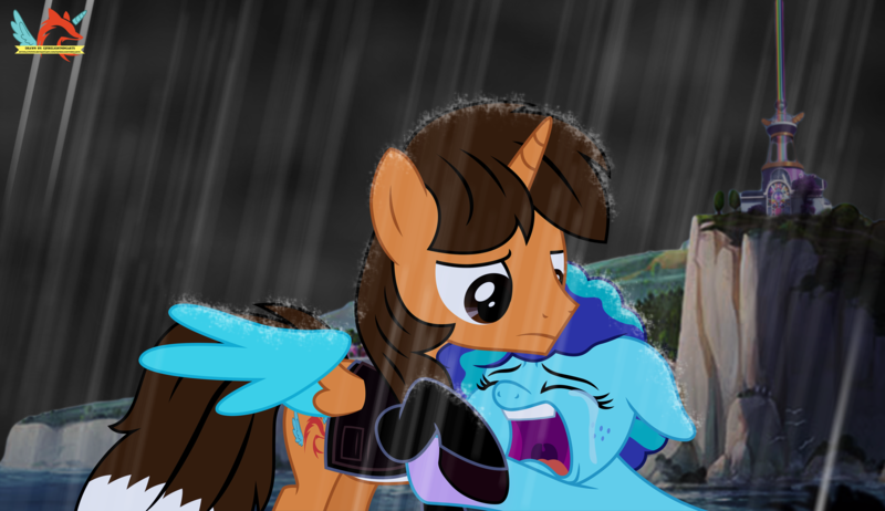 Size: 4017x2320 | Tagged: safe, artist:ejlightning007arts, derpibooru import, oc, oc:ej, alicorn, fox, fox pony, hybrid, pony, unicorn, g5, spoiler:g5, canon x oc, clothes, coat markings, colored wings, comforting, crying, crystal brighthouse, dark, ejmisty, emotional, eyes closed, female, freckles, image, jacket, male, mare, maretime bay, misty brightdawn, png, rain, sad, socks (coat marking), stallion, tears of pain, wings