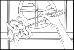 Size: 1072x720 | Tagged: safe, artist:applepost67, derpibooru import, applejack, earth pony, human, pony, black and white, chopsticks, female, grayscale, image, mare, monochrome, offscreen character, png, sketch, solo focus, tiny, tiny ponies