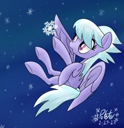 Size: 2082x2143 | Tagged: safe, artist:notadeliciouspotato, derpibooru import, cloudchaser, pegasus, pony, female, image, mare, night, open mouth, png, signature, sky, snow, snowfall, snowflake, solo, spread wings, wings