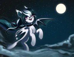 Size: 2600x2000 | Tagged: safe, artist:alunedoodle, derpibooru import, oc, oc:velvet lights, unofficial characters only, bat pony, cloud, collar, fangs, female, flying, goth, image, lipstick, moon, night, night sky, piercing, png, sky, solo, solo female, stars