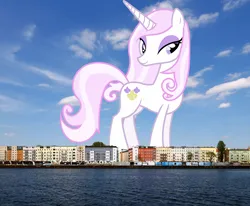 Size: 1700x1400 | Tagged: safe, artist:90sigma, derpibooru import, edit, editor:jaredking779, fleur-de-lis, pony, unicorn, berlin, female, germany, giant pony, giant unicorn, giantess, highrise ponies, image, irl, jpeg, looking at you, macro, mare, mega giant, photo, ponies in real life, smiling, solo