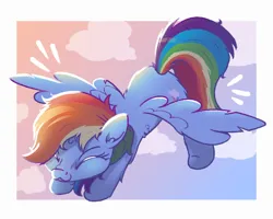 Size: 1000x800 | Tagged: safe, artist:candy meow, derpibooru import, rainbow dash, pegasus, pony, :3, cloud, ear fluff, eyes closed, female, gradient background, image, leg fluff, mare, messy mane, messy tail, png, simple background, solo, spread wings, stretching, tail, wing fluff, wings