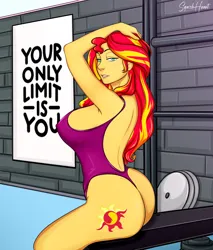 Size: 3400x4000 | Tagged: safe, artist:squishheart, derpibooru import, sunset shimmer, equestria girls, breasts, butt, commission, commissioner:branagain, female, gym, image, jpeg, solo, solo female