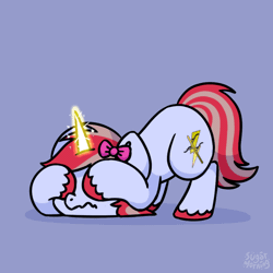Size: 1000x1000 | Tagged: safe, artist:sugar morning, derpibooru import, oc, oc:cinnamon lightning, unofficial characters only, pony, unicorn, animated, bow, covering eyes, electricity, fetlock tuft, gif, hair bow, horn, image, lightning, looking around, magic, magic aura, scared, shaking, solo, sparks, trembling, unicorn oc