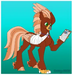 Size: 1850x1900 | Tagged: safe, artist:dozyarts, derpibooru import, oc, classical hippogriff, hippogriff, shrimp, bandage, clipboard, image, male, png, solo