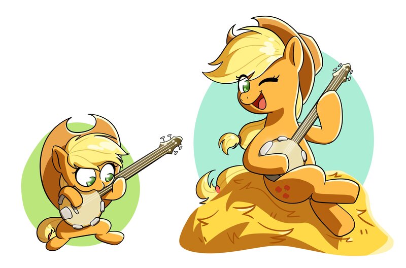 Size: 4096x2703 | Tagged: safe, artist:notfocks, derpibooru import, applejack, earth pony, pony, applejack's hat, banjo, cowboy hat, cute, female, filly, foal, hat, hay, hoof hold, image, jackabetes, jpeg, mare, musical instrument, one eye closed, open mouth, open smile, simple background, sitting, smiling, solo, white background, wink