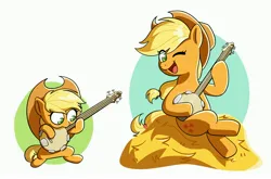 Size: 4096x2703 | Tagged: safe, artist:notfocks, derpibooru import, applejack, earth pony, pony, applejack's hat, banjo, cowboy hat, cute, female, filly, foal, hat, hay, hoof hold, image, jackabetes, jpeg, mare, musical instrument, one eye closed, open mouth, open smile, simple background, sitting, smiling, solo, white background, wink