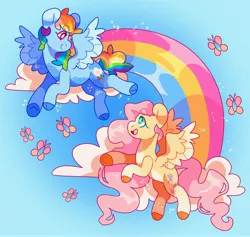 Size: 4096x3877 | Tagged: safe, artist:cocopudu, derpibooru import, fluttershy, rainbow dash, pegasus, pony, female, flutterdash, flying, image, jpeg, lesbian, looking at each other, looking at someone, mare, open mouth, open smile, rainbow, shipping, smiling, smiling at each other, spread wings, wings