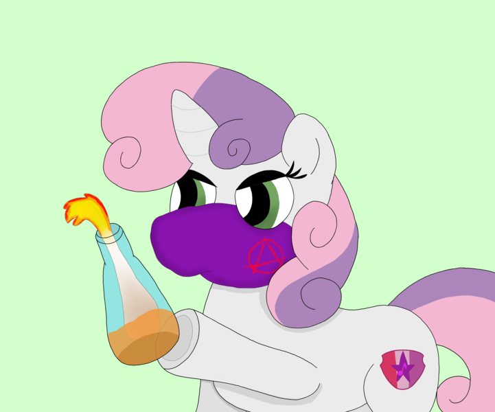 Size: 6048x5036 | Tagged: semi-grimdark, artist:pinkiepie69, derpibooru import, sweetie belle, pony, unicorn, alcohol, anarchist, angry, antifa, bandana, eyeshadow, foal, image, makeup, molotov cocktail, mouthpiece, png, solo