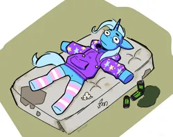 Size: 666x528 | Tagged: safe, artist:balileart, derpibooru import, trixie, pony, unicorn, caffeine, clothes, hoodie, image, insomnia, lying down, mattress, monster energy, png, pride, pride flag, socks, solo, trans trixie, transgender, transgender pride flag