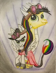 Size: 2672x3500 | Tagged: safe, artist:gracefulart693, derpibooru import, oc, oc:lightning bliss, alicorn, pony, alicorn oc, clothes, dress, duo, goggles, horn, image, jewelry, jpeg, multicolored hair, necklace, rainbow hair, traditional art, wings