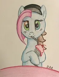 Size: 1813x2338 | Tagged: safe, artist:gracefulart693, derpibooru import, oc, unofficial characters only, earth pony, pony, bust, earth pony oc, eyelashes, hat, image, jpeg, milkshake, open mouth, smiling, solo, traditional art