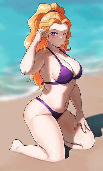Size: 800x1334 | Tagged: suggestive, artist:tzc, color edit, edit, ponybooru import, adagio dazzle, equestria girls, beach, belly button, bikini, breasts, busty adagio dazzle, cleavage, clothes, colored, hips, human coloration, image, one eye closed, png, ponytail, swimsuit, thighs, wink