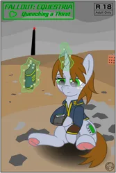 Size: 4000x6000 | Tagged: suggestive, artist:dice-warwick, derpibooru import, part of a set, oc, oc:littlepip, pony, unicorn, comic:fallout equestria: quenching a thirst, fallout equestria, adult only, canteen, comic, cover art, digital art, fallout equestria: quenching a thirst, female, freckles, frog (hoof), image, mare, pipbuck, png, sitting, solo, underhoof, wasteland