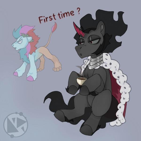 Size: 1080x1080 | Tagged: safe, artist:anoraknr, derpibooru import, idw, king sombra, pony, unicorn, angry, cup, danu, first time, image, jpeg, leucrocuta, male, season 10, simple background, slim, solo, stallion, thin