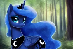 Size: 1920x1280 | Tagged: safe, derpibooru import, editor:dovakkins, machine learning generated, stable diffusion, princess luna, alicorn, pony, cute, derpibooru exclusive, ethereal mane, female, forest, forest background, galaxy mane, image, jewelry, looking at you, lunabetes, peytral, png, regalia, smiling, smiling at you, solo, tree, wings