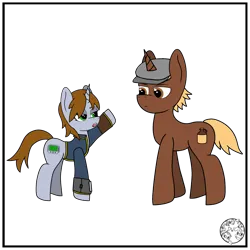 Size: 2000x2000 | Tagged: safe, artist:dice-warwick, derpibooru import, oc, oc:littlepip, oc:shiner, pony, unicorn, comic:fallout equestria: quenching a thirst, fallout equestria, clothes, female, image, jumpsuit, male, mare, pipbuck, png, raised hoof, stallion, vault suit