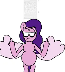 Size: 3023x3351 | Tagged: safe, artist:professorventurer, derpibooru import, pipp petals, semi-anthro, series:ask pippamena, g5, bipedal, fingers, fuck you, image, middle feather, middle finger, pippamena, png, pregnant, thumbs, vulgar, wing hands, wings