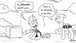 Size: 1200x675 | Tagged: safe, artist:pony-berserker, derpibooru import, oc, oc:berzie, oc:stainless key, changedling, changeling, changedling oc, changeling hive, changeling oc, clothes, crying, dishwasher, hard hat, hat, image, jpeg, pony-berserker's twitter sketches, pony-berserker's twitter sketches (2023)