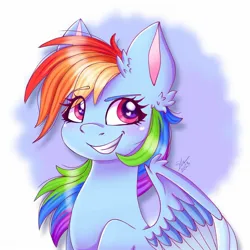 Size: 1212x1213 | Tagged: safe, artist:galaxy swirl, derpibooru import, rainbow dash, pegasus, pony, bust, colored eyebrows, colored wings, colored wingtips, eyebrows, eyebrows visible through hair, female, image, jpeg, mare, multicolored hair, multicolored mane, multicolored tail, multicolored wings, rainbow hair, rainbow tail, raised eyebrow, simple background, smiling, solo, striped mane, striped tail, tail, wings