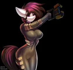 Size: 1841x1750 | Tagged: suggestive, artist:delta hronum, derpibooru import, oc, anthro, earth pony, breasts, dead space, hips, image, jpeg, latex, latex suit, plasma gun, solo