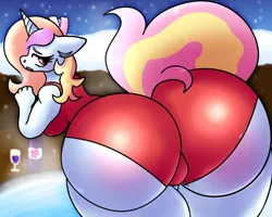 Size: 1000x800 | Tagged: suggestive, artist:northernlightsone, author:bigonionbean, derpibooru import, fleur-de-lis, sassy saddles, oc, oc:exquisite attire, unofficial characters only, anthro, pony, unguligrade anthro, unicorn, ass, blushing, bottle, breasts, butt, clothes, commissioner:bigonionbean, cutie mark, female, flank, fusion, fusion:exquisite attire, glass, horn, hot tub, huge butt, image, jpeg, large butt, looking at you, looking back, mare, raised tail, solo, swimsuit, tail, the ass was fat, thick, unicorn oc, wine bottle, wine glass