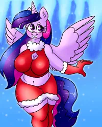 Size: 800x1000 | Tagged: safe, artist:northernlightsone, author:bigonionbean, derpibooru import, princess celestia, twilight sparkle, twilight sparkle (alicorn), oc, oc:princess morning star, unofficial characters only, alicorn, anthro, pony, unguligrade anthro, alicorn oc, alicorn princess, breasts, christmas, clothes, commissioner:bigonionbean, cutie mark, ethereal mane, ethereal tail, female, flank, fusion, fusion:princess morning star, gloves, holiday, horn, image, jpeg, leggings, mare, solo, spread wings, stomach, tail, thick, thighs, thunder thighs, wings