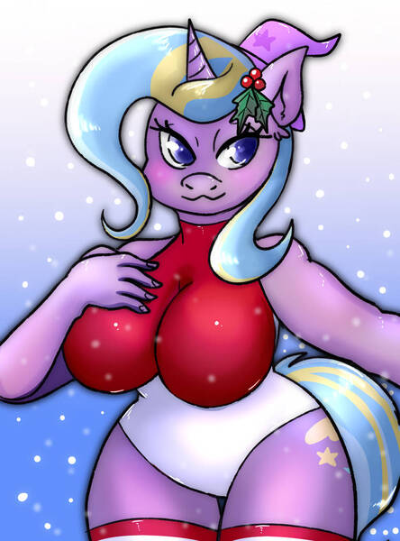 Size: 769x1039 | Tagged: safe, artist:northernlightsone, author:bigonionbean, derpibooru import, ms. harshwhinny, trixie, oc, oc:strict talent, unofficial characters only, anthro, earth pony, pony, unguligrade anthro, unicorn, breasts, christmas, clothes, commissioner:bigonionbean, cutie mark, female, flank, fusion, fusion:strict talent, hat, holiday, horn, image, jpeg, leggings, mare, mistletoe, snow, snowfall, solo, tail, thick, thighs, thunder thighs, wizard hat