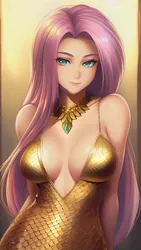 Size: 864x1536 | Tagged: safe, derpibooru import, editor:sammykun, machine learning assisted, machine learning generated, fluttershy, human, adorasexy, bare shoulders, beautiful, breasts, busty fluttershy, cleavage, clothes, cute, dress, female, gold, humanized, image, jewelry, lips, long hair, looking at you, metal, metallic, necklace, png, realistic, scales, seductive look, sexy, shiny, simple background, sleeveless, solo, solo female, string, stupid sexy fluttershy