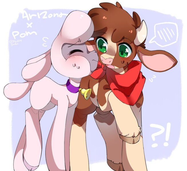 Size: 981x900 | Tagged: safe, artist:catsonmarss, artist:picklescatt, derpibooru import, arizona cow, pom lamb, cow, sheep, them's fightin' herds, arizona (tfh), bandana, bell, bell collar, blushing, collar, community related, cute, duo, exclamation point, female, frown, image, interrobang, jpeg, lamb, lesbian, looking at someone, nervous, open mouth, pom (tfh), pomzona, question mark, raised hoof, shipping, sweat, sweatdrop