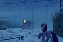 Size: 1280x853 | Tagged: safe, artist:adagiostring, derpibooru import, twilight sparkle, twilight sparkle (alicorn), alicorn, pony, cold, cute, food, frosting, frosty, image, png, railroad, railway signal, sketch, snow, solo, standing, train