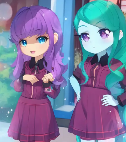Size: 512x576 | Tagged: safe, artist:rainbowstarcolour262, derpibooru import, machine learning generated, cold forecast, ginger owlseye, human, equestria girls, friendship games, :d, :o, anime, clothes, cute, duo, duo female, female, hand on hip, image, open mouth, open smile, owlabetes, pinegraph, png, shirt, skirt, smiling