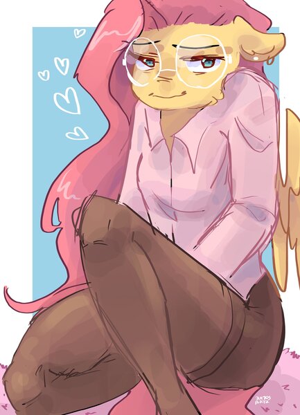 Size: 1479x2048 | Tagged: safe, artist:dmitrymemovznok, derpibooru import, fluttershy, anthro, pegasus, clothes, glasses, heart, image, jpeg, leggings, smiling, solo