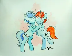 Size: 3982x3072 | Tagged: safe, artist:lightisanasshole, derpibooru import, minuette, oc, oc:whirling flow, pony, unicorn, bipedal, bipedal leaning, canon x oc, chest fluff, hug, image, jpeg, leaning, looking at each other, looking at someone, smiling, smiling at each other, traditional art, watercolor painting